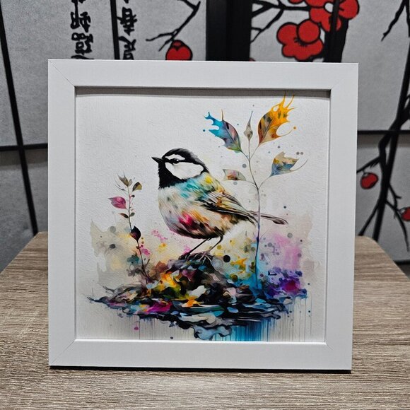 8x8 Framed Chickadee Watercolor Illustration Art‎ Oil Painting Print - Picture 1 of 7